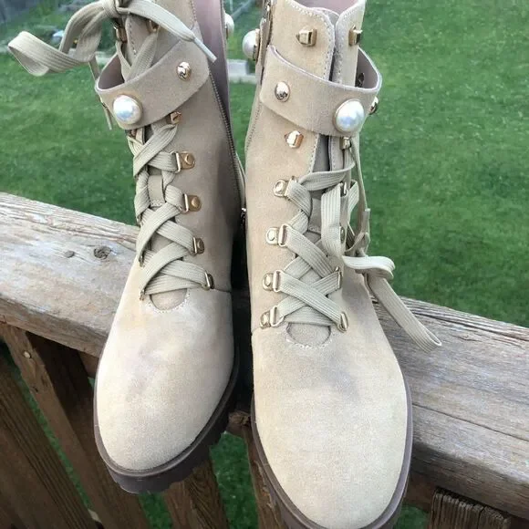 Karl Lagerfeld pearl and gold stud embellished leather lace up boots, size 10 - Picture 5 of 15